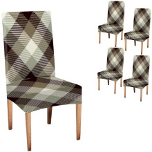 Set of 4 Brown/Gray/White Plaid Stretch Dining Chair Covers, Removable & Washable, Compatible with Standard Chairs