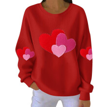 Damen-Sweatshirt mit Herzmotiv zum Valentinstag, gerippt, Rundhalsausschnitt, lang