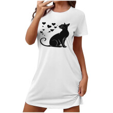 Dames nachthemd met kattenprint in grote maten – Ronde hals, dubbel geborsteld fleece, zachte melkzijde, nachthemd met korte mouwen, maten S-2XL