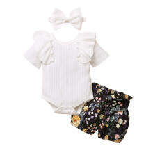 Conjunto combinando para bebê menina, coleção 2025: body de manga curta, shorts florais e faixa de cabelo com laço. Roupa para irmãs.