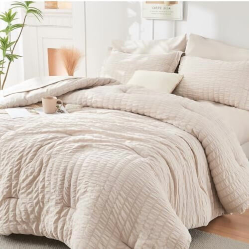 Beige Queen Seersucker Comforter Set 7-Piece