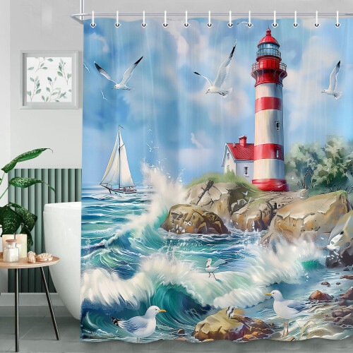 Lighthouse Shower Curtain - Ocean Wave Design, 60 x 72 in 2