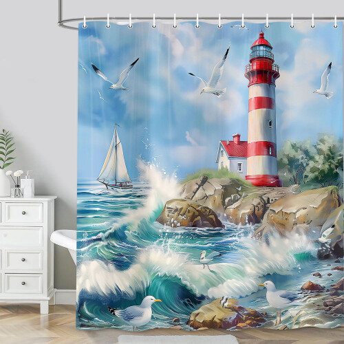 Lighthouse Shower Curtain - Ocean Wave Design, 60 x 72 in 1