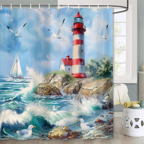 Lighthouse Shower Curtain Ocean Wave Design 47 x 64 in 2