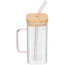 Glass Coffee Cup with Lid, 400ml Pink Borosilicate Mug with Handle, Bamboo Lid and Straw Set