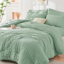 Salbeigrünes Queen-Size-Seersucker-Bettwäscheset, 7-teilig