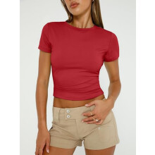 Dame Grunnleggende Kortermet Slim Fit T-skjorte Myk Crewneck Crop T-skjorte Sommer Søt Treningsmoteklær