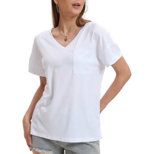 Γυναικεία T-shirts με κοντομάνικα και V λαιμόκοψη, καλοκαιρινά μπλουζάκια με τσέπη 1