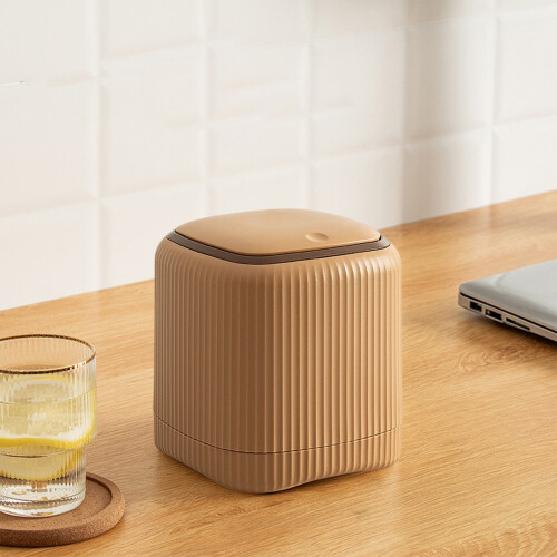 Small Trash Can with Lid, Push Button, Desktop/Car/Countertop Use, Lightweight Brown Bin – Under $5 Clearance 2