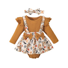 (9-12 Months, Yellow) Gúna Romper do Chailíní Leanbh le Prionta Féileacán/Pumpkin/Bláthanna agus Tacar Banda Ceann Gleoití