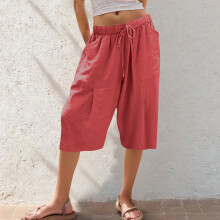 Damskie spodnie typu kuloty z szerokimi nogawkami i ściągaczem w pasie – matowy nylon, spandex, skrócone, z kieszeniami, S-2XL, wiele kolorów