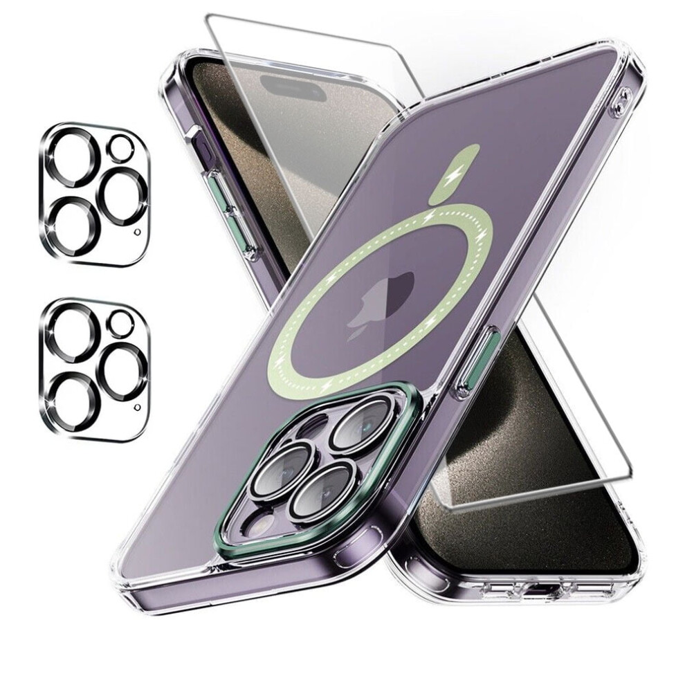 Xhy Magnetic Case For Iphone 15 Pro Max: Magsafe-Compatible, Shockproof, Crystal Clear, With Screen & Lens Protector Â Green 9357860841092