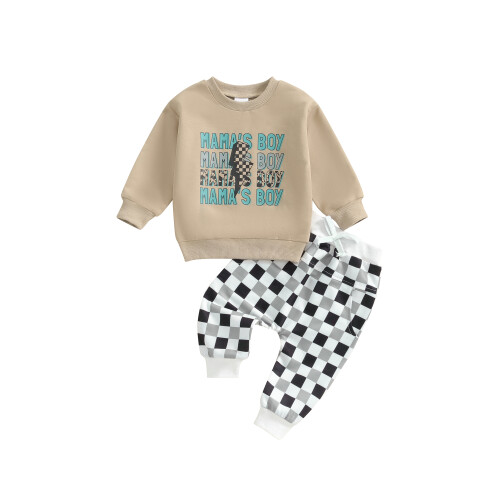 (3-6 Months, Dark Khaki) Φθινοπωρινό σετ ρούχων παντελόνι σκακιέρα.