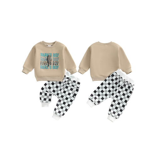(3-6 Months, Dark Khaki) Φθινοπωρινό σετ ρούχων παντελόνι σκακιέρα. 1