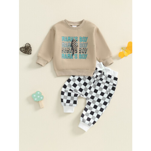 (3-6 Months, Dark Khaki) Φθινοπωρινό σετ ρούχων παντελόνι σκακιέρα. 2