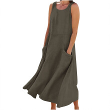 Sommerkleid für Damen, einfarbig, ärmellos, locker, lässig, fließend, lang, mit Taschen