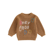 (6-9 Months, Coffee) Newborn Baby Halloween Sweater Casual Letter Ghost Embroidery Knitted Long Sleeve Pullover Infant Knitwear for Toddler