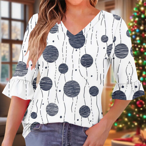 Γυναικεία Μπλούζα με Στάμπα και V-Neck, Πλισέ, Μανίκια στο Ένα Τέταρτο, Βολάν – Άνετο 1