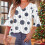 Γυναικεία Μπλούζα με Στάμπα και V-Neck, Πλισέ, Μανίκια στο Ένα Τέταρτο, Βολάν – Άνετο 4