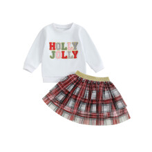 (1-2 Years, White) Ensemble Noël pour petite fille : sweat-shirt brodé et jupe à volants à carreaux.