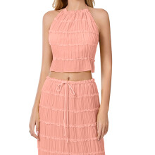 (S, Coral Red) Women Halter Top, Tie-up Sleeveless Tops Backless Pleated Solid Summer Vest for Club Party
