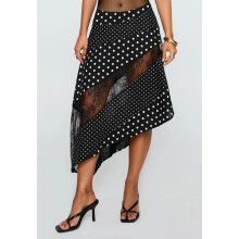 (L, black) Women's Flowy Midi Skirt Vintage Low Waist Floral/Dots Print Long Skirt Lightweight Fall Skirt