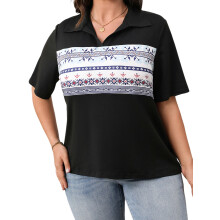 (XL, Black) Női plus size ing retró mintás rövid ujjú hajtókás V-nyakú laza felsők utcai viselet