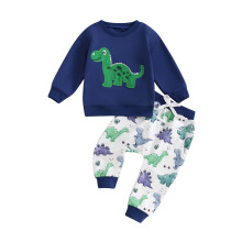 (0-6 Months, Blue) Ensemble automne 2 pièces garçon : haut manches longues brodé dinosaure et pantalon réglable