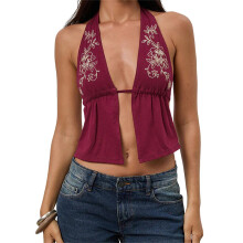 (M, Red) Women's Halter Neck Vest Summer Sleeveless Open Back Floral Embroidery Tank Tops