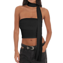 (S, Black) Women's Strapless Tops with Collar 2 Pcs Set Stylish Solid Mesh Slim Fit Crop Tube T-Shirt for Spring& Summer