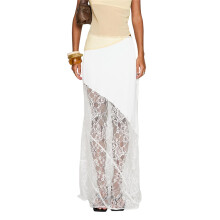 (L, White) Women's Lace Long Skirts Mid Waist Solid Color Asymmetric Patchwork Midi Skirts Elegant Skirts