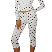 (M, White) Legging capri à pois pour femme, taille basse, coupe slim, idéal pour l'été