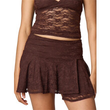 (M, Dark Brown) Women's Lace Mini Skirts Casual Mid Waist Solid Color Slim Fit Flowy Skirts Summer A-line Skirts