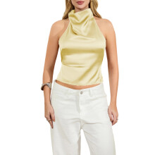 (M, Light Yellow) Women's Halter Neck Satin Tops Sleeveless Backless Solid Color Slim Fit Tops Summer Shirts