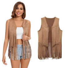 Damen Fransenweste Ärmellose Kunstwildleder Quasten Lederjacke Cardigan