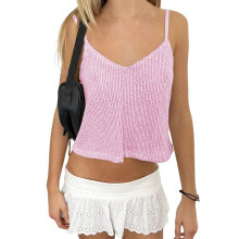 (S, Pink) Women Sequin Cami Tops Sparkly V Neck Spaghetti Strap Backless Shirts Trendy Summer Clothes for Party Club