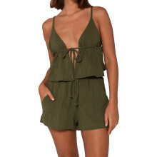 (S, Army Green) Femei 2 piese ținute de vară culori solide cu bretele și pantaloni scurți elastici pentru club