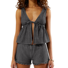 (L, Dark Grey) Ensemble d'été femme 2 pièces : débardeur col V avec nœud, short à volants taille élastique.