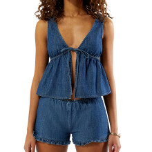 (M, Blue) Ensemble d'été femme 2 pièces : débardeur col V avec nœud, short à volants taille élastique.