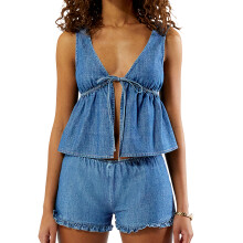 (S, Light Blue) Ensemble d'été femme 2 pièces : débardeur col V avec nœud, short à volants taille élastique.