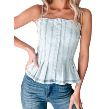 (L, Light Blue) Damen-Camisole, ärmellos, plissiert, mit Knopfverschluss, einfarbig, schmale Passform, Jeansoberteil, Sommerweste
