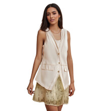 (M, Ivory) Women's Solid Color Denim Vest Sleeveless V Neck Trendy Button Up Tank Tops with Pockets