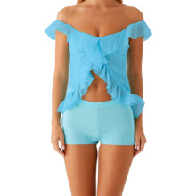 (S, Blue) Hauts à épaules dénudées pour femmes, à volants, couleur unie, dos nu, dévoilant le nombril, style streetwear d'été