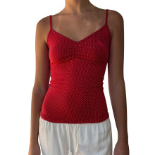 (M, Red) Women's Mini Dot Print Camisoles Spaghetti Straps Stylish Slim Fit Sleeveless Crop Tank Tops for Summer