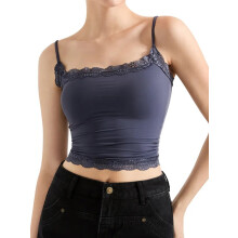 (L, Dark Blue) Débardeur court femme, été, dentelle, bretelles spaghetti, parfait pour sorties et streetwear.
