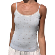 (S, Blue) Women's Lace Trim Cami Tops Summer Sleeveless Open Back Low Cut Floral Tank Tops