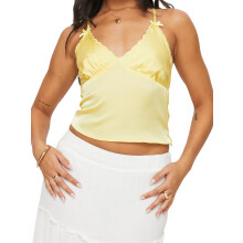 (L, Yellow) Women Solid Color Camisole Slim Bow Scalloped V Neck Spaghetti Strap Backless Crop Tops Summer Streetwear