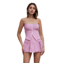 (M, Pink) Dámské dvoudílné oblečení s pruhovaným potiskem a mini bublinkovou sukní pro streetwear.
