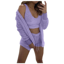 QLEICOM Dames Sexy Fuzzy 3-delige Set Fleece Warme Capuchon Vest Crop Top Shorts Pyjama Loungewear Paars S, US Maat 4