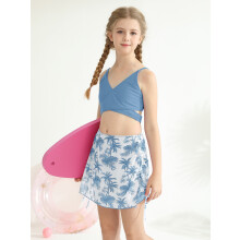 BULLPIANO Meisjes Zwempak 3-delige Bikini Set met Tropische Bloemenprint en Kruislingse Broek met Trekkoord en Sneldrogende Cover-Up Rok 9-16J